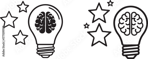 Monochrome Icon Design Featuring Brain Within Lightbulb and Stars