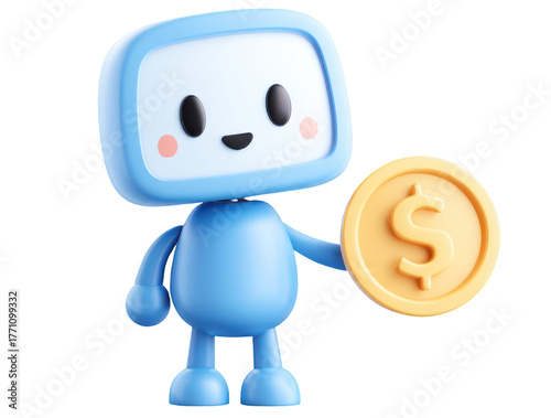 FinTech Mascot with a Coin: A cheerful robotic mascot, symbolizing the future of finance, holds a glistening gold coin, illustrating concepts of wealth and financial innovation. 