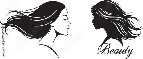 Elegant Black and White Stylized Profiles of Women with Wavy Hair