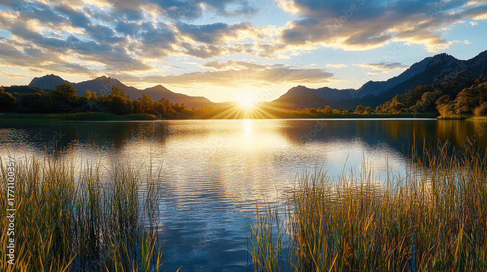 Fototapeta premium Golden sunlight reflects over tranquil lake surrounded by mountains and lush grass