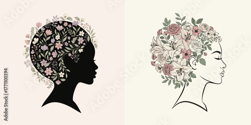 Elegant Female Profiles with Floral Hairstyles, Botanical Art Vector Illustration