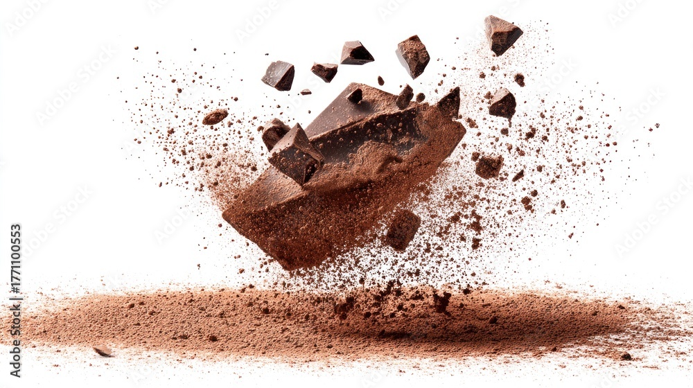 Fototapeta premium A block of chocolate shatters, scattering fragments and cocoa dust against a white backdrop, creating a dynamic and visually appealing image.