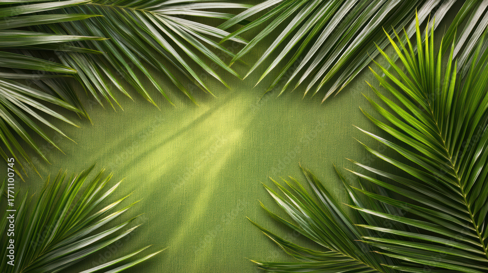 Obraz premium Lush green palm leaves frame serene background, creating warm and natural atmosphere