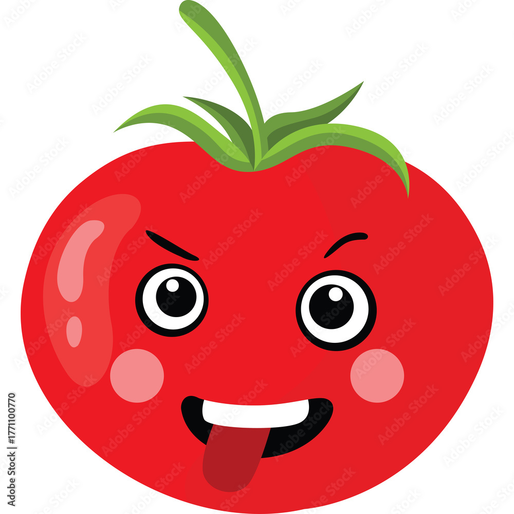 Obraz premium Cartoon Tomato Character with Angry Expression and Sticking Tongue Out on Transparent Background Simple Vector Art