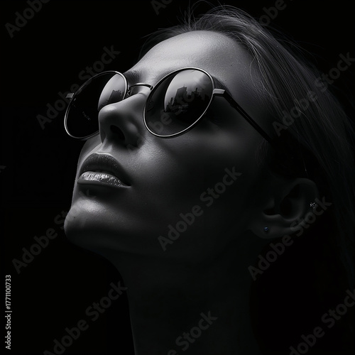Chic vintage photograph showcasing graceful woman wearing dark eyewear portrait wallpaper background