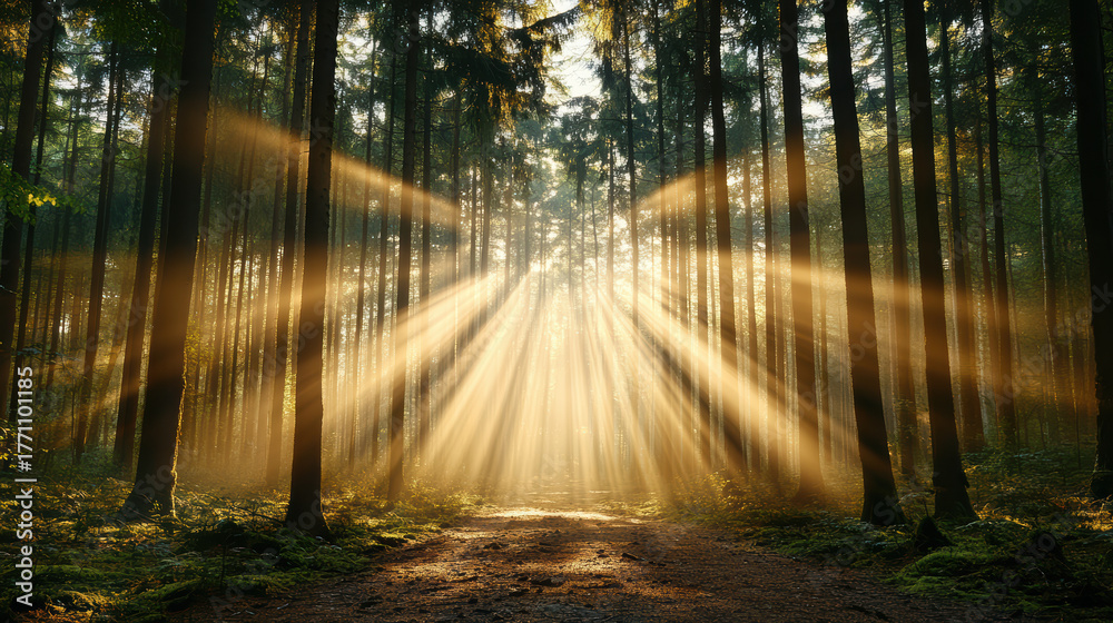 Fototapeta premium Golden beams of sunlight pierce through tall forest trees, creating serene morning atmosphere