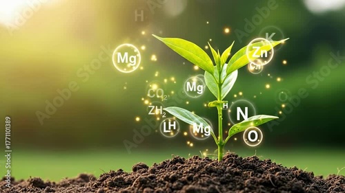A young plant growing in soil with floating bubbles showing key nutrients (Ca, N, K, Mg, etc.) and water, symbolizing agricultural science.
