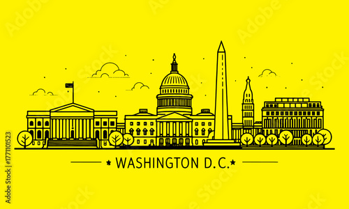 Washington D.C. Skyline Sketch with Iconic Landmarks – Cultural Tourism Artwork Featuring Capitol Building, White House, Lincoln Memorial, and Washington Monument – Hand Drawn Illustration for Travel 