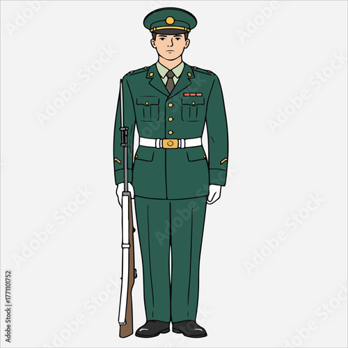 Illustration of a military man in a green uniform standing at attention with a rifle against a plain white background.