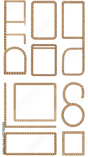 Assortment of rustic rope-framed shapes, varying from rectangular and square to rounded and arched designs, with empty, white centers