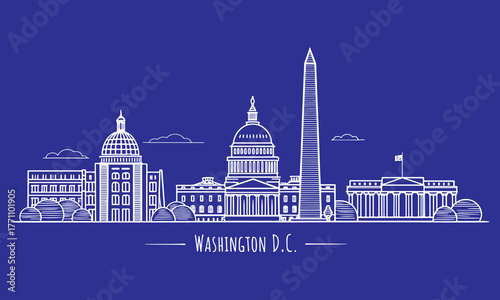 Washington D.C. Skyline Sketch with Iconic Landmarks – Cultural Tourism Artwork Featuring Capitol Building, White House, Lincoln Memorial, and Washington Monument – Hand Drawn Illustration for Travel 
