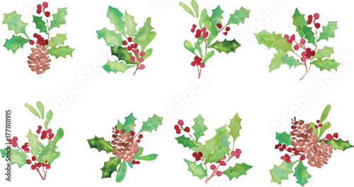 クリスマスのリースフレーム。水彩タッチのクリスマスベクターイラスト。柊とトナカイ。
Christmas wreath frame. Watercolor Christmas illustration. Holly and reindeer.