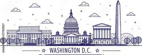 Washington D.C. Skyline Sketch with Iconic Landmarks – Cultural Tourism Artwork Featuring Capitol Building, White House, Lincoln Memorial, and Washington Monument – Hand Drawn Illustration for Travel 