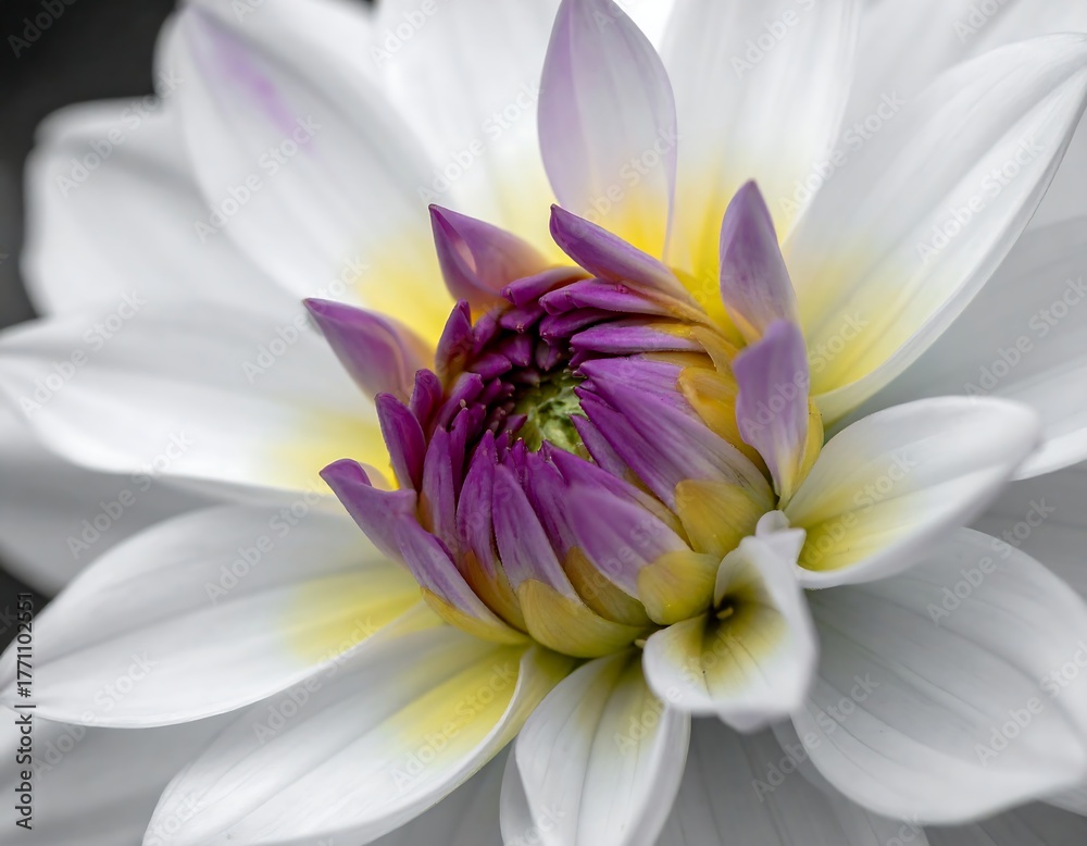 Naklejka premium Close-up of a vibrant flower, showcasing petals with purple and yellow hues