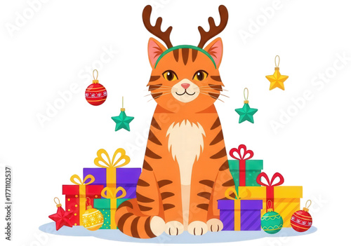 Adorable ginger tabby cat wearing festive reindeer antlers for Christmas.