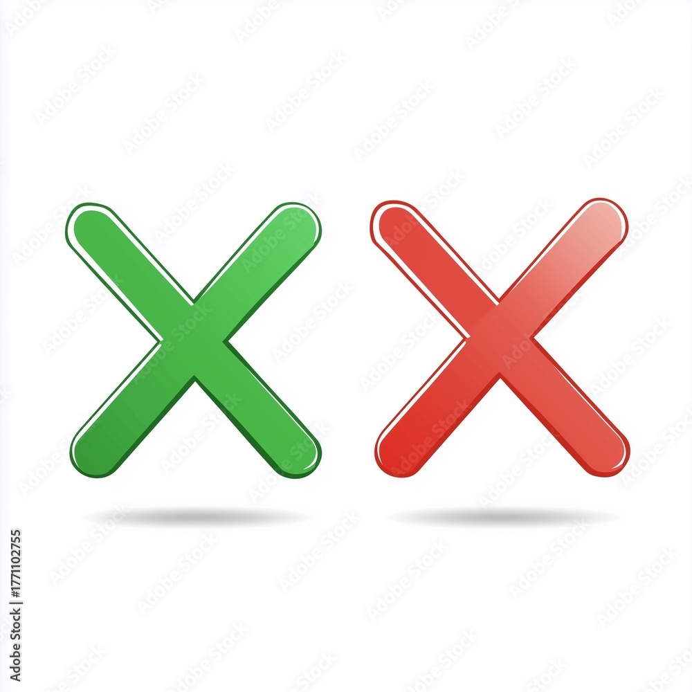 Fototapeta premium Green check mark and red X mark icons on white background in flat vector style