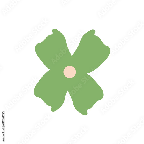 A green abstract flower with four round petals and a soft central dot, suitable for minimalist floral logos and botanical illustrations.