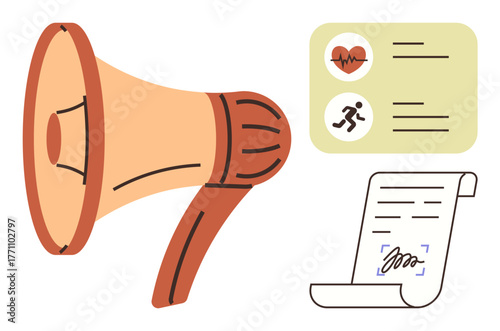 Megaphone amplifying messages, health-related icons showcasing fitness and heart, document with signature. Ideal for health promotion, public awareness, campaigns, communication, fitness, advocacy