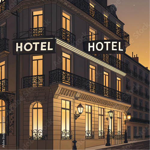 Elegant parisian hotel facade illuminated at dusk