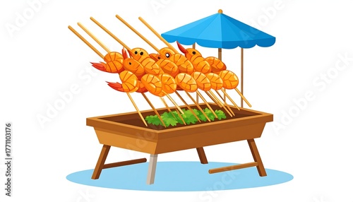 Fototapeta Naklejka Na Ścianę i Meble -  Cartoon illustration of a food stall with grilled skewers of shrimp and small blue parasol overhead. A wooden stand rests on a white backdrop