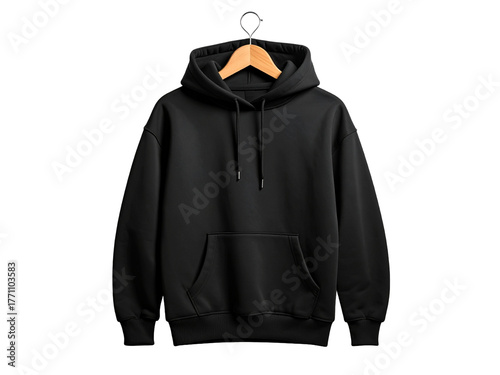 Black hoodie on wooden hanger displayed against plain wall background for apparel branding, retail, e-commerce, or fashion design promotional use.