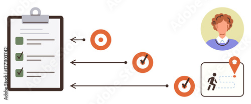 Clipboard checklist, targets with checkmarks, progress path, and person icon. Ideal for productivity, planning, project management, goal setting, task tracking personal growth simple flat metaphor