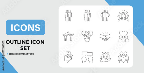 Outline Icon Set Featuring People Teamwork Communication and Support in Black and White