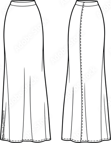 Long skirt sketch, flared silhouette, technical fashion illustration, panel seams, fitted waistband, topstitching detail, front and back view, garment design