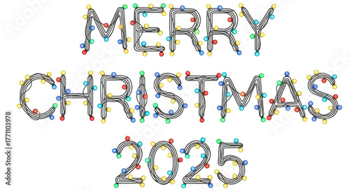 Merry Christmas 2025 text created with festive colorful string lights on a white background.