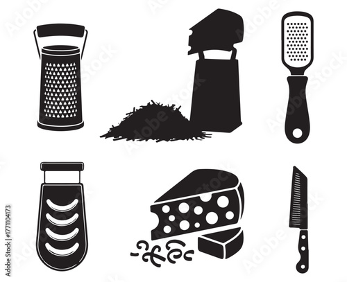 Grating Cheese Silhouette Vector Set, Kitchen Tools and Utensils Clip art.
