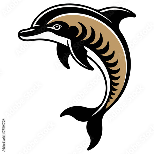 A stylized illustration of a dolphin leaping through the water, with a bold and graphic design
