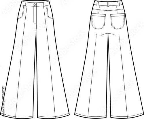 Wide-leg pants sketch, technical fashion illustration, front and back view, high waist, patch pockets, belt loops, tailored seams, yoke
