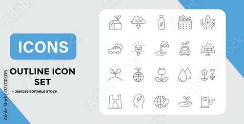 Collection of Environment and Sustainability Outline Icons for Design Projects