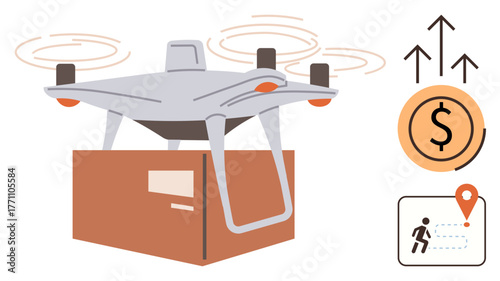 Flying quadcopter carrying a package, route tracking icon, and financial growth symbol. Ideal for delivery, logistics, innovation, cost efficiency, technology mobility remote services. Simple flat