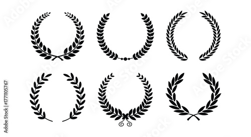 Collection of circular laurel wreath, Emblem floral Greek branch of oak leaves, eucalyptus leaf, Wheat, winner award, champion medal and flower ornaments vector