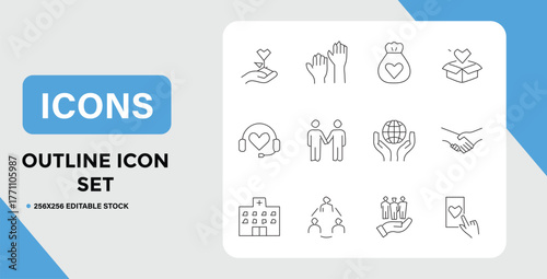 Outline Icon Set Depicting Charity Community and Global Support in Minimalist Style