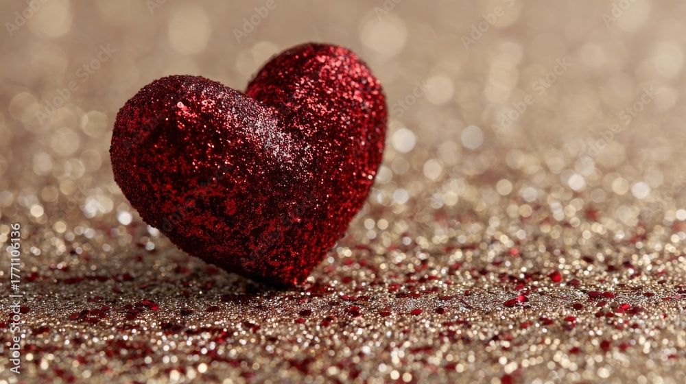 Obraz premium Red heart on sparkling glitter background for romantic valentine’s day greeting card, love celebration, and festive couple decoration