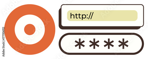 Red target mark, a URL bar, and password field with asterisks highlight online security, privacy, login, authentication, access, information protection, and data encryption in a simple flat metaphor