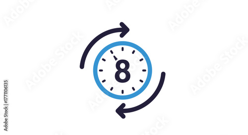 An icon of a clock displaying the number 8, with circular arrows indicating an 8-hour cycle or duration.