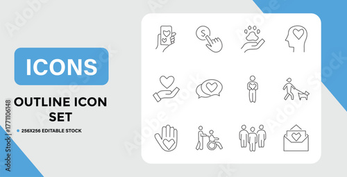 Outline Icon Set Featuring Themes of Love Charity and Community Support