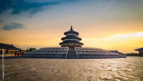 The Temple of Heaven in Beijing at sunset with traditional architecture