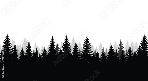 A serene layered forest silhouette with dark pine trees in the foreground and lighter grey conifers in the background, set against a white sky.