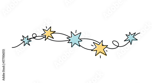 Whimsical hand-drawn doodle of a festive string of stars in alternating yellow and blue, connected by a wavy line, perfect for cheerful design.