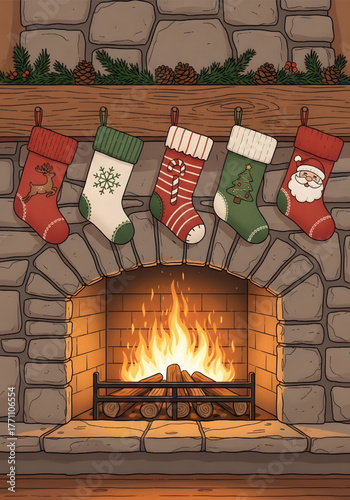 Cozy Christmas fireplace with five festive stockings hanging.
