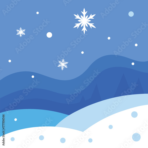 Abstract winter landscape with falling snowflakes blue