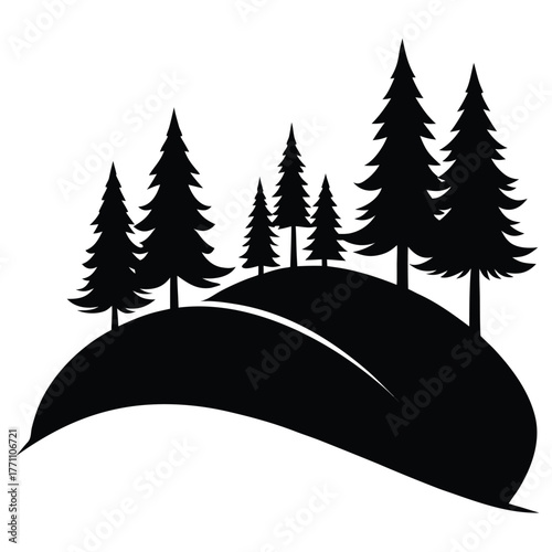 Black silhouette of pine trees on rolling hills forest