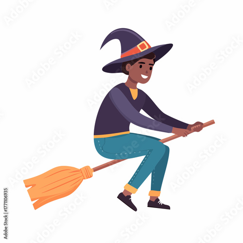 A cheerful young African American man dressed in a witch costume with a pointed hat, happily flying on a magical broomstick for Halloween