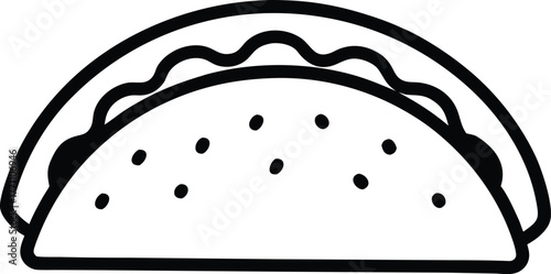 Simple black and white line art illustration of a taco with wavy filling