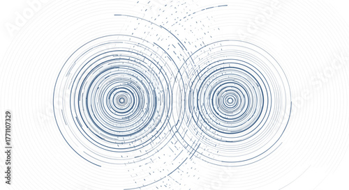 Abstract visualization of two interconnected radial systems with overlapping concentric circles and radiating lines on a clean white background.