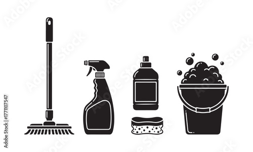 Cleaning supplies mop bucket spray bottle and sponges vector illustration